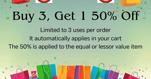 Buy 3 and get 1 - 50% off of equal or lessor value. Limited to 3 uses per order. Coupon automatically applies in cart.